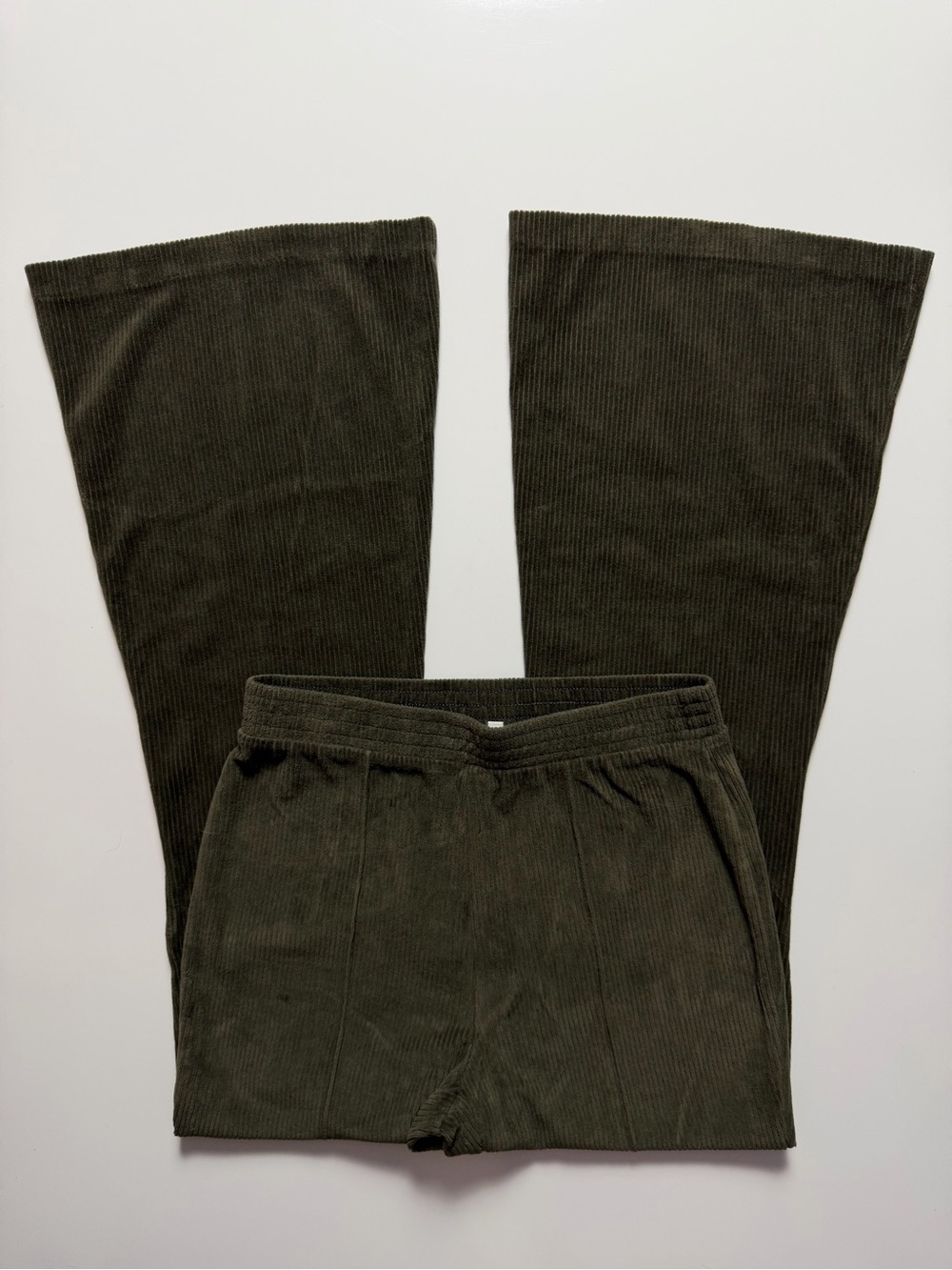 Aerie Rib Velour Flare Pants, Green, Size S